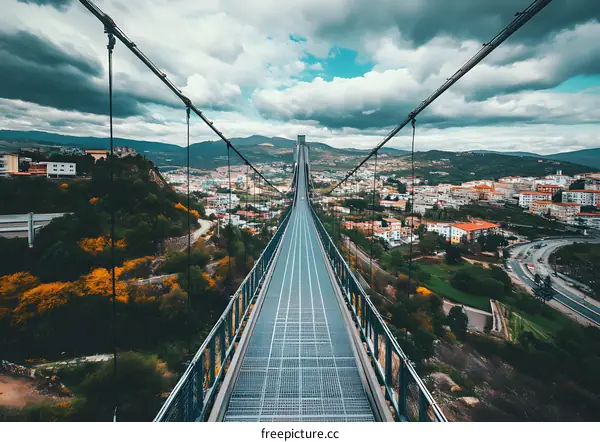Suspension Bridge Overlooking a Town in the Mountains
