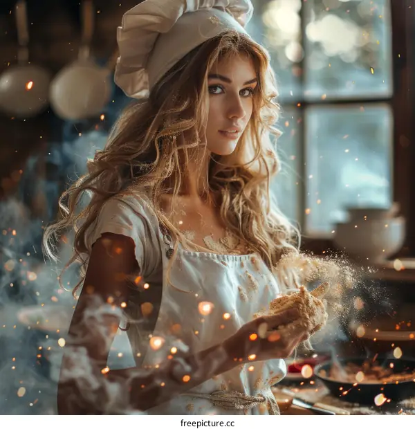 portrait of a beautiful blonde woman in a white chef hat and apron in a commercial kitchen