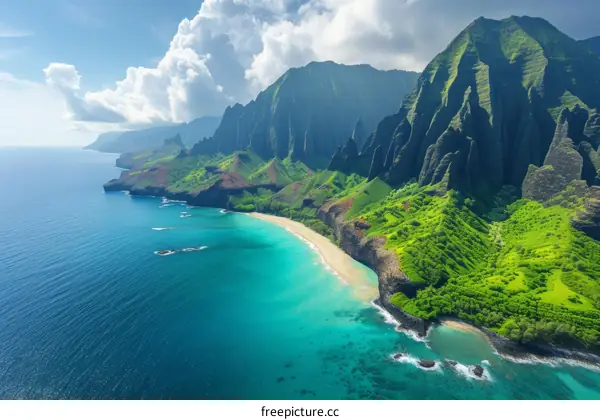 Aerial view of the Na Pali Coast State Wilderness Park on the Hawaiian island of Kauai