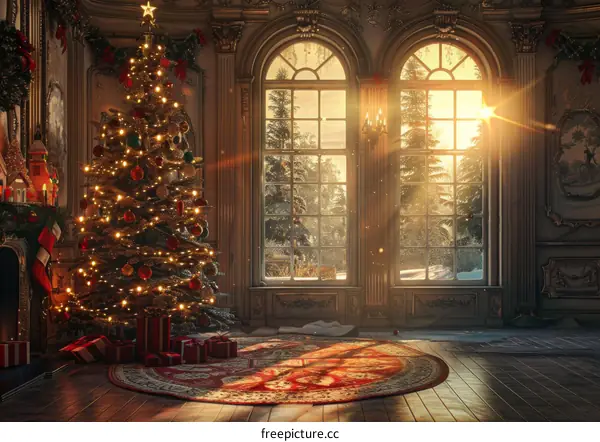 Christmas Tree by a Cozy Fireplace