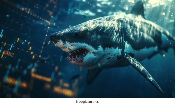 Great white shark swimming in the deep blue sea with a glowing effect on its skin