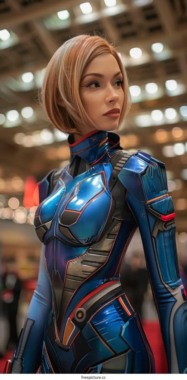 portrait of a young woman with short blonde hair in a blue and silver bodysuit