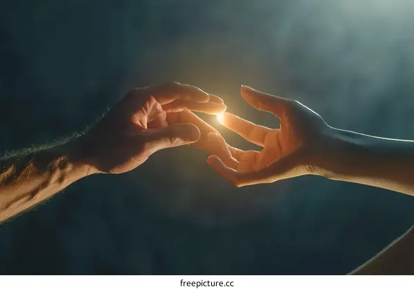 Two hands reaching out to touch each other with a bright light in the center of their palms