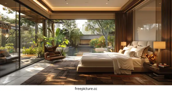 Modern Bedroom with Pool Views