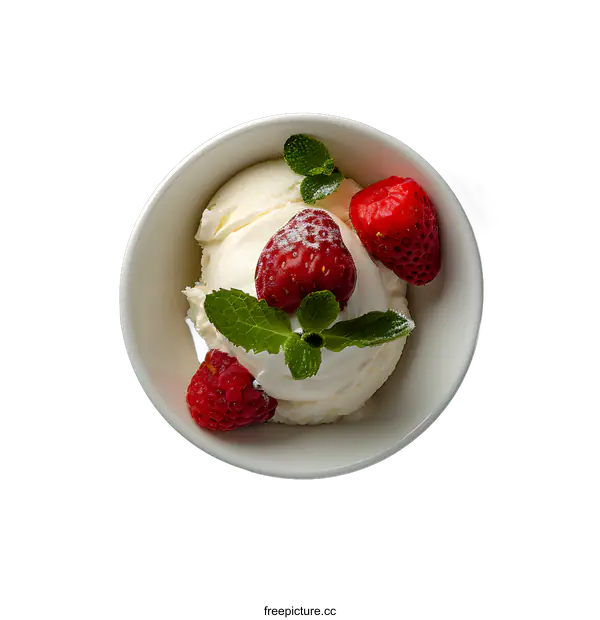 [Transparent Background PNG]Vanilla ice cream with strawberries and mint