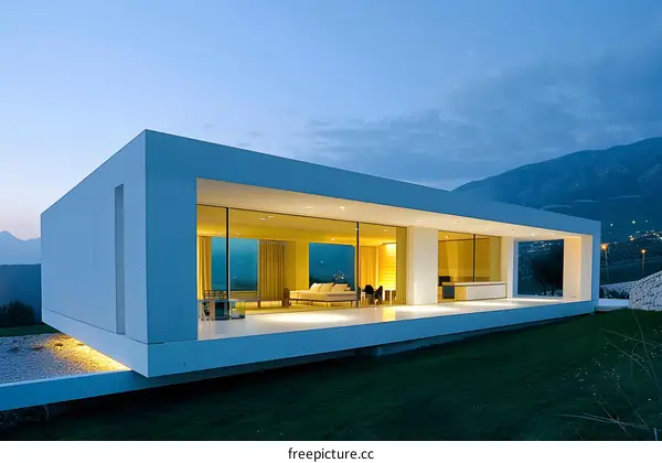 Modern Architecture House with Large Glass Windows and Mountain View