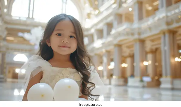 Little girl with balloons in a fancy building