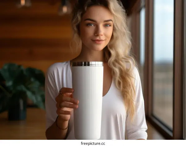 Young woman with blonde hair holding a white tumbler