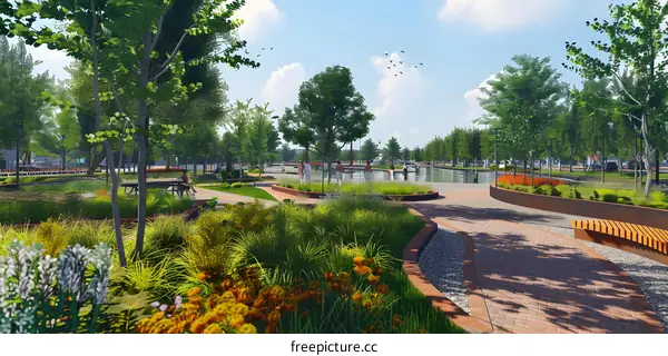 Landscaped Park with Walking Path and Benches