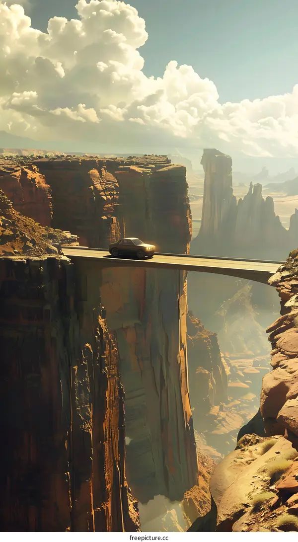 Car Driving on a Bridge Over a Canyon