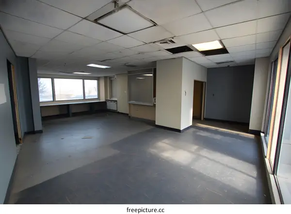 Empty Office Space with Damaged Ceiling Tiles and Windows