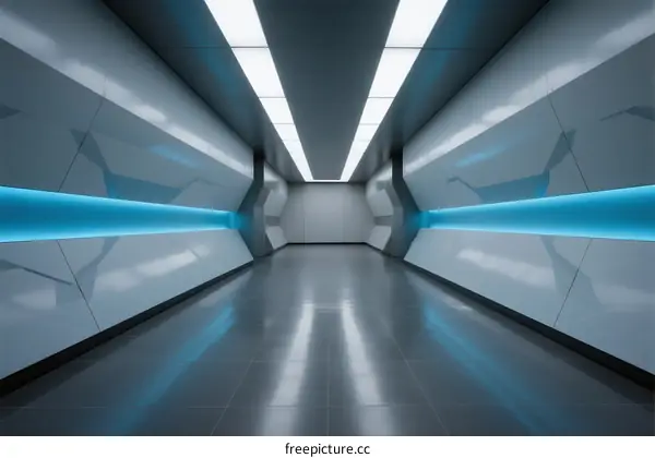 Futuristic Sci-Fi Corridor with Metallic Surfaces and Blue Lights
