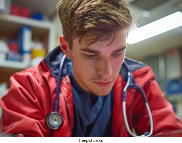 Young male doctor wearing a red jacket and stethoscope looking down