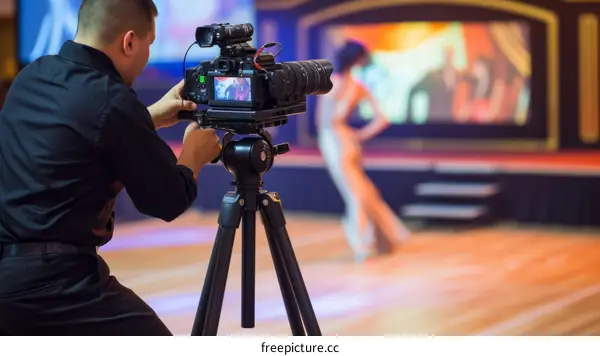 Cameraman filming a dancing couple on a stage