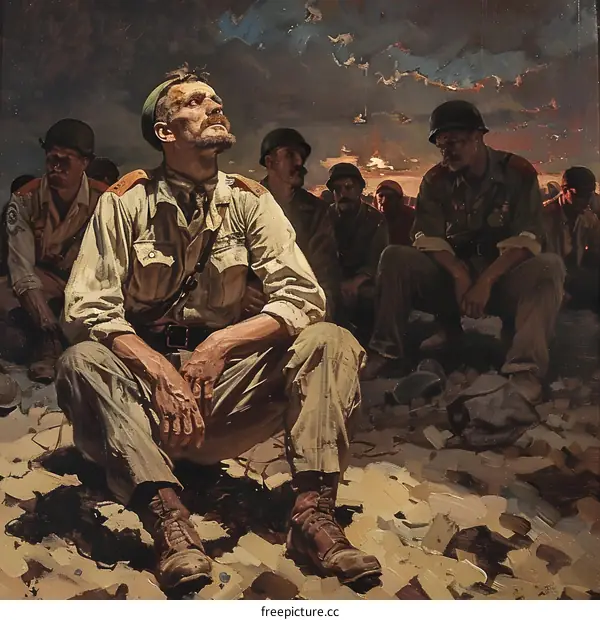 A group of soldiers sit on a rocky hill and look at the burning city.