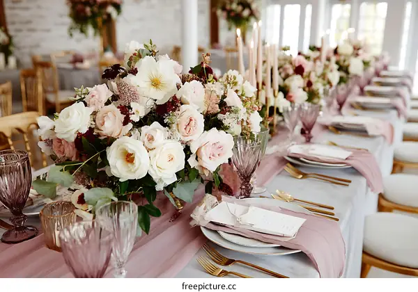 Elegant Wedding Table Setting with Pastel Roses