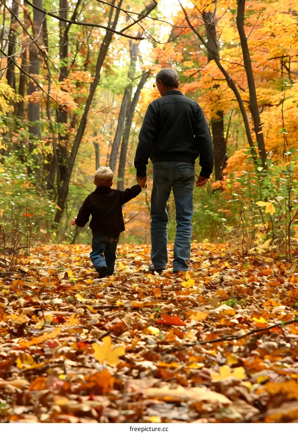Father and Son Walking Through Autumn Leaves