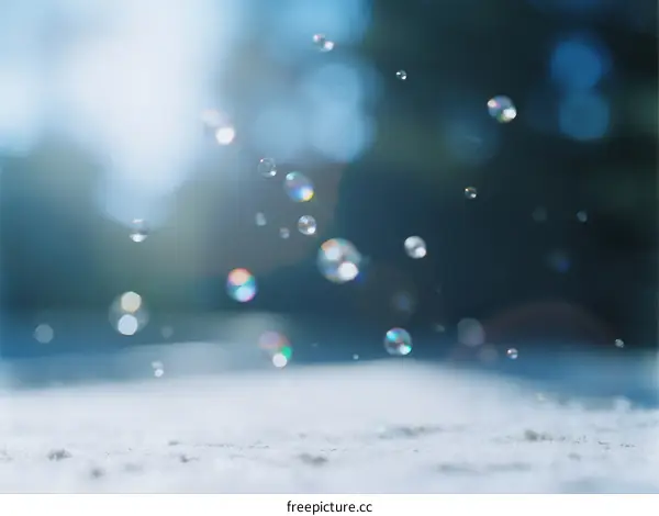 Close-up of floating water droplets catching sunlight in air