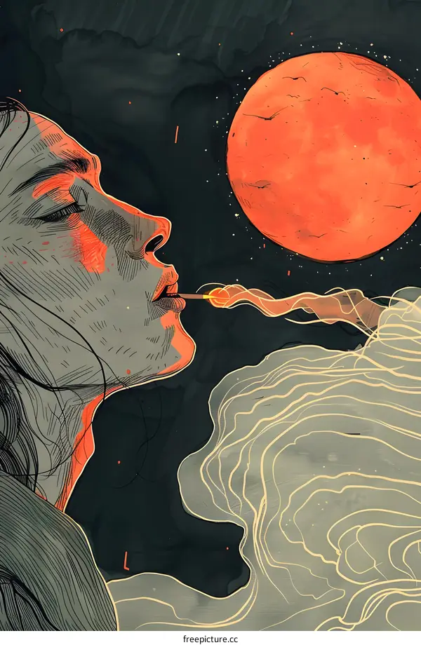 A woman is smoking in front of a red moon.