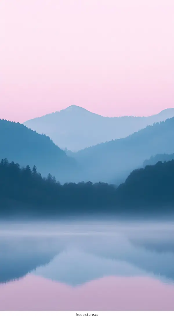 Misty Mountains with Reflection in Still Water