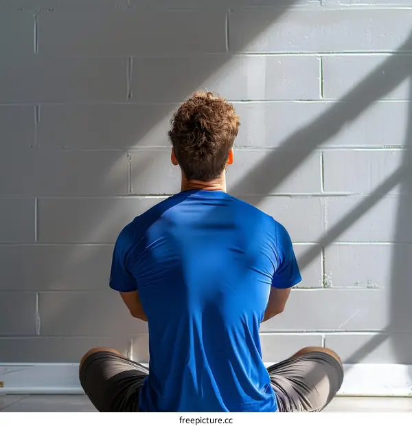Man in blue shirt sitting on floor with back to camera