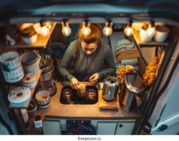 Young woman making coffee in a camper van