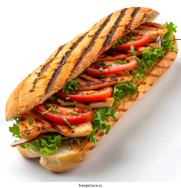 Grilled chicken sandwich with tomato, lettuce and onion