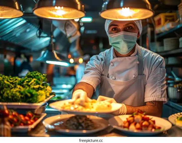 Chef wearing a mask and gloves serves a plate of food