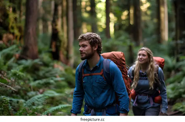 Couple Hiking Through Lush Green Forest