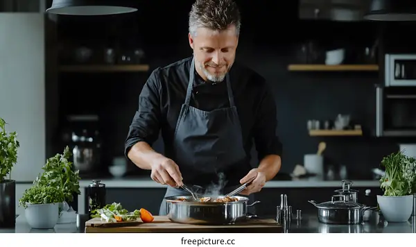 Man in Black Apron Cooking in a Kitchen