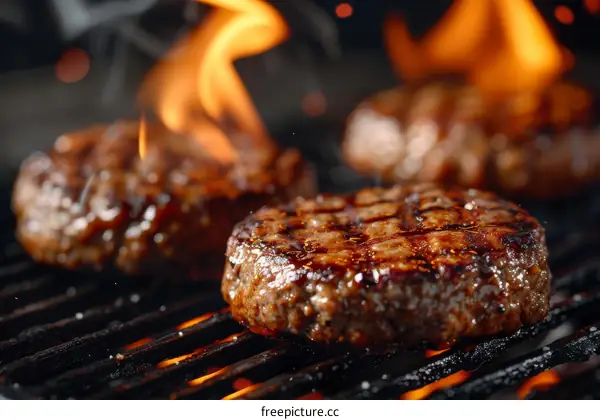 Three juicy beef patties sizzling on a hot grill