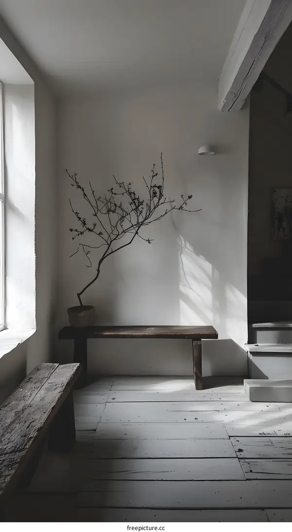 Minimalist Interior Design with Wooden Bench and Branch in a Pot