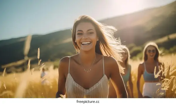 Young women frolicking in a field of wheat