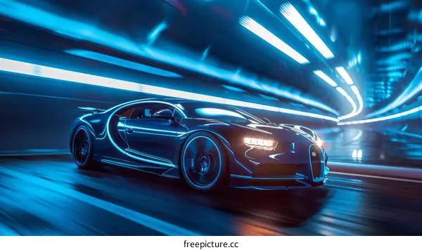 Blue car in a tunnel with blue lights