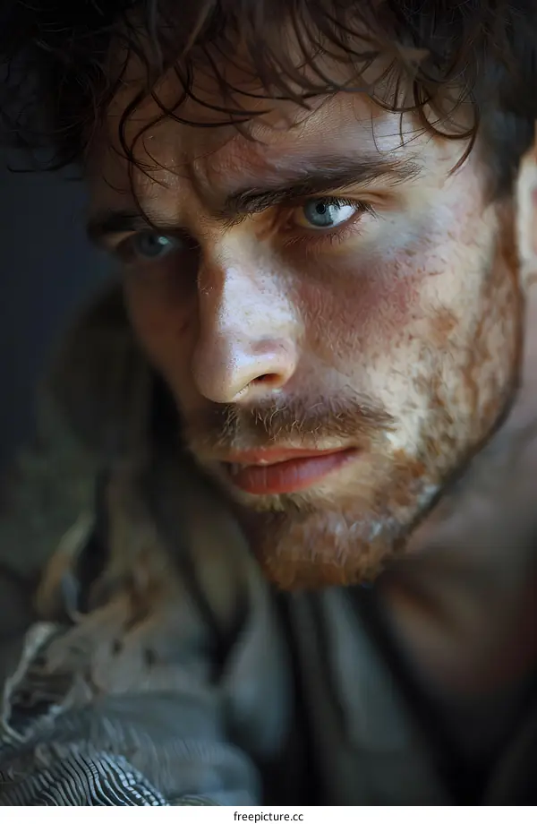 Portrait of a young man with intense blue eyes