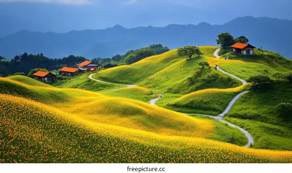 Colorful Hilly Landscape with Small Houses and Trails