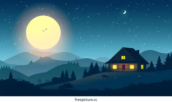 Night Sky Mountain Cabin Landscape Illustration