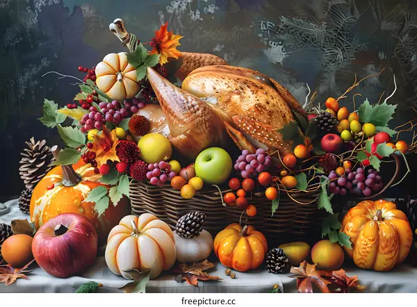 Thanksgiving dinner with turkey, pumpkins, and grapes