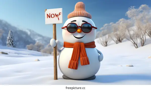 3D Rendering of a Snowman with Hat, Sunglasses, and Scarf, Holding a Sign That Says 'NOW'