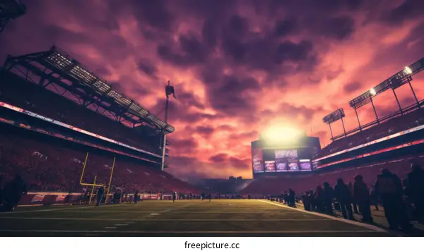 American football stadium lit up at night with a dramatic sky