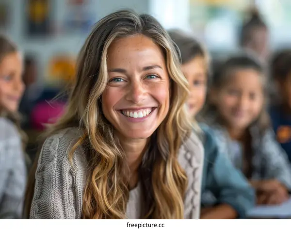 Portrait of a smiling blonde woman with blue eyes in a classroom