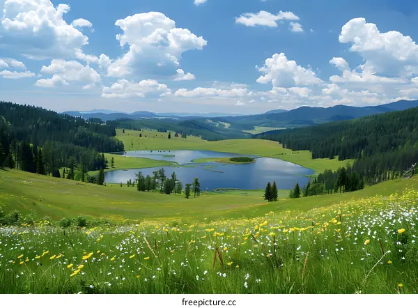 Mountain Lake Landscape With Clouds And Green Meadow