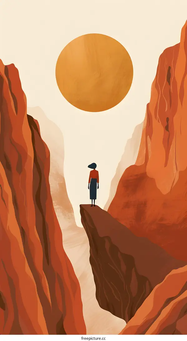 Woman Standing On Cliff In Canyon With Large Sun