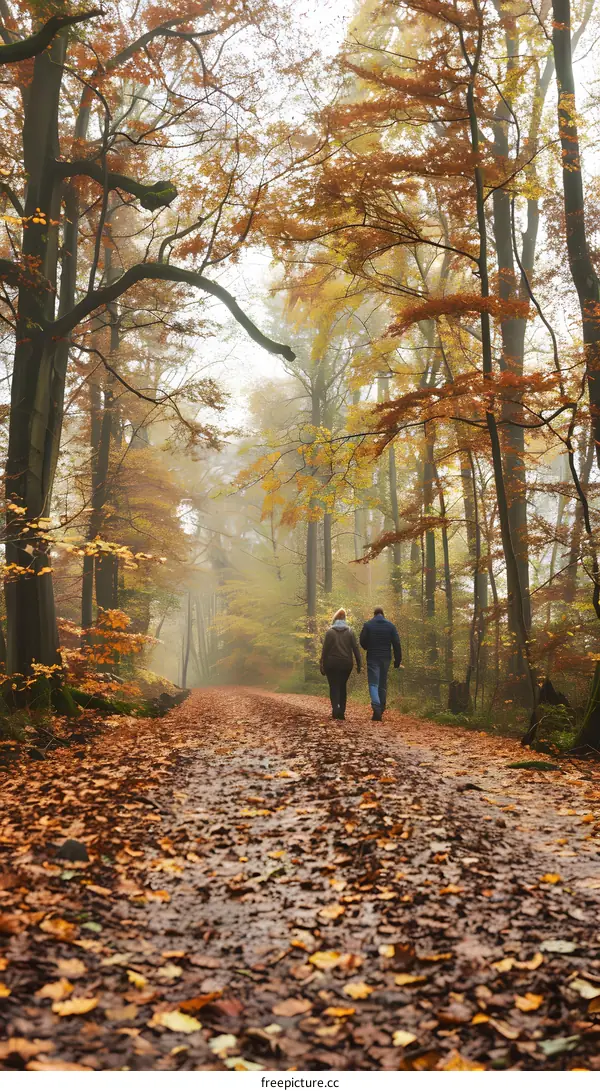 Couple Walking Through Autumn Forest Path