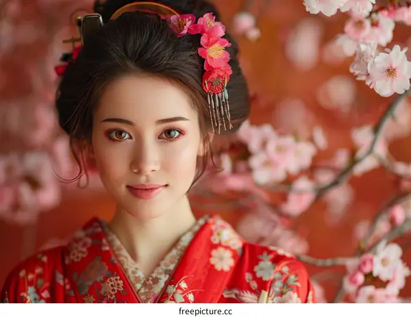 Portrait of a beautiful Japanese woman in traditional kimono with pink cherry blossoms