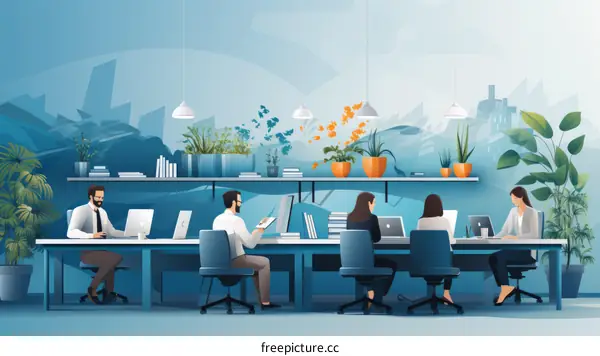 Illustration of a diverse group of people working together in a modern office