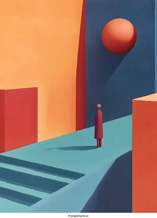 Abstract Minimalist Illustration of a Person Standing on a Platform with Geometric Shapes