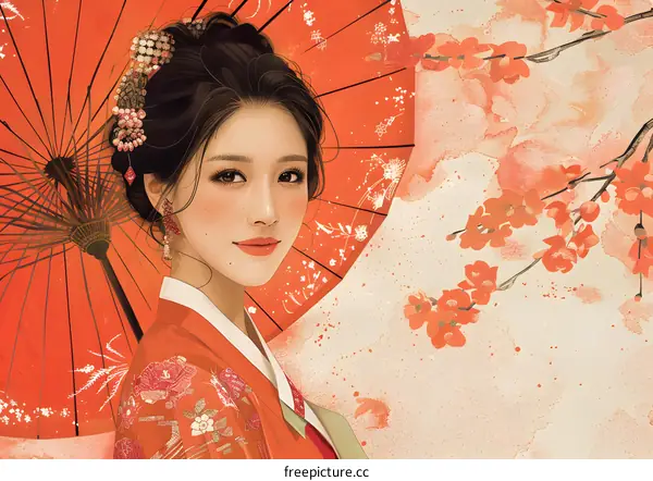 An East Asian woman in traditional dress holding a red umbrella under a cherry blossom tree.