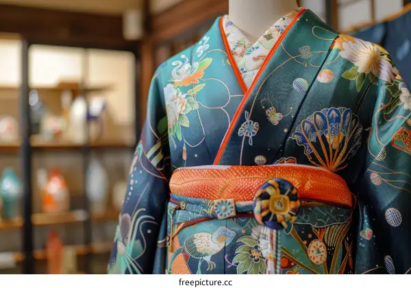 A kimono with a floral pattern and a phoenix pattern