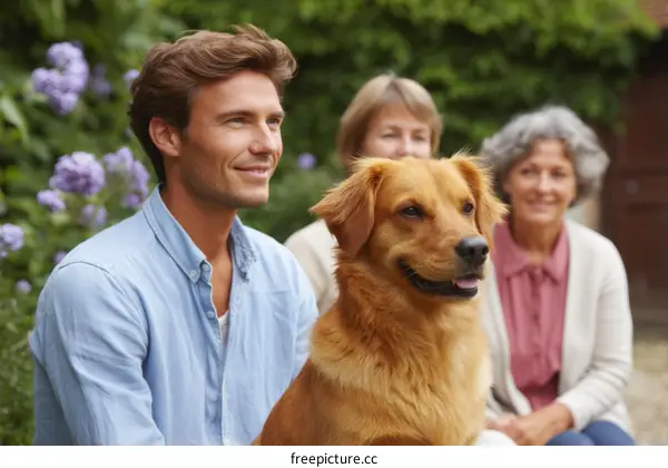 Family Enjoying Time with Their Dog in the Garden